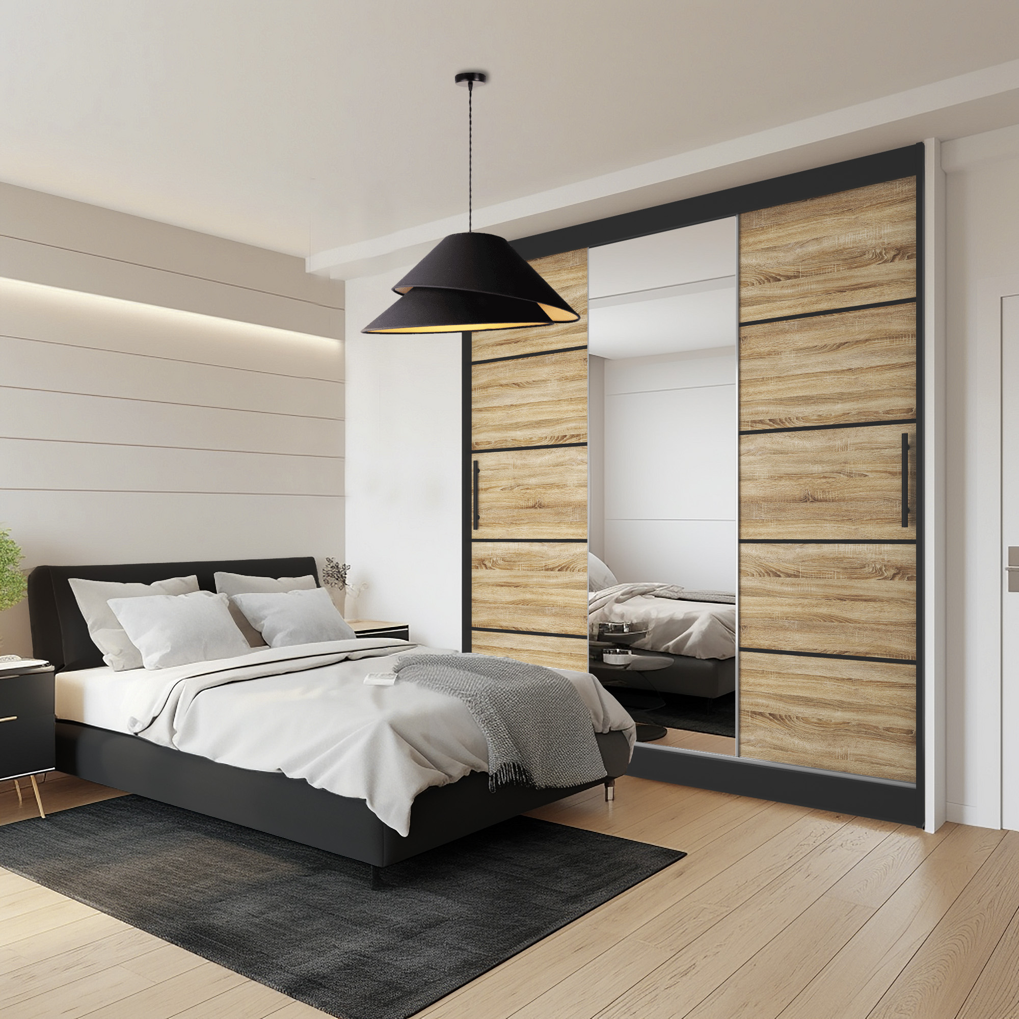 Schlafzimmer mit Eichen-Schrank und gepolstertem Bett