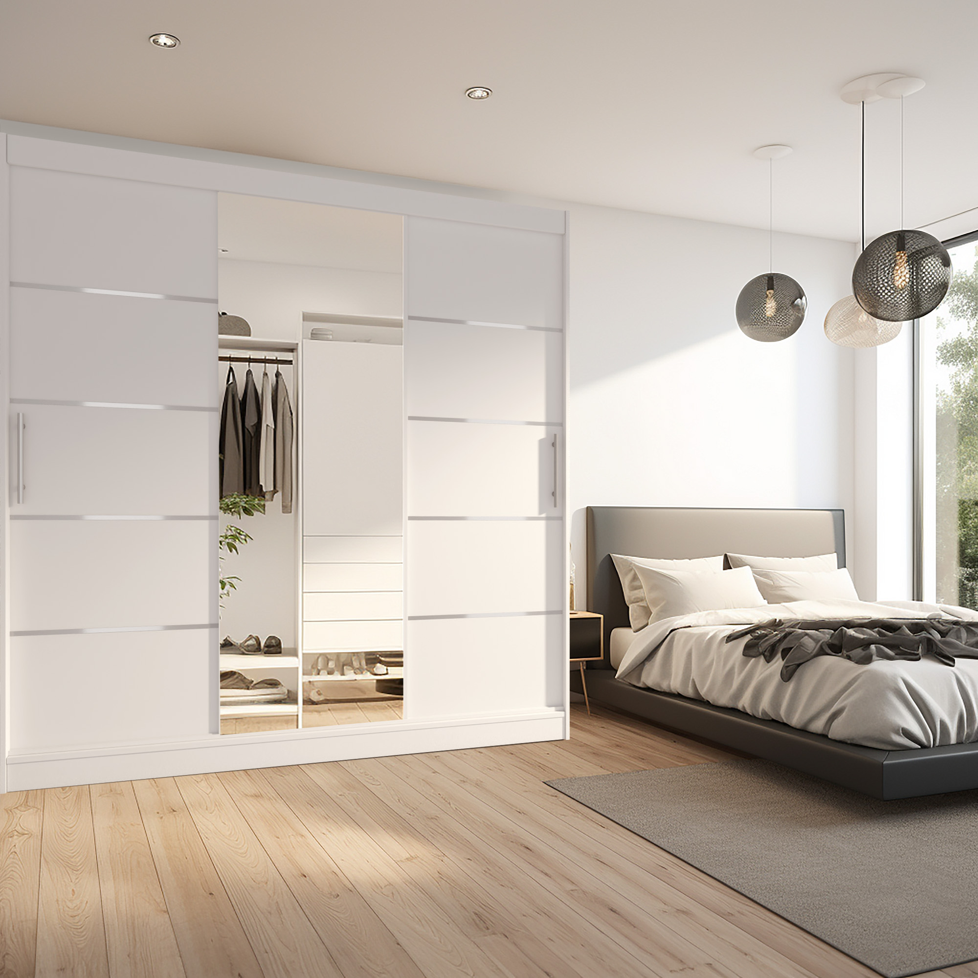 Schlafzimmer mit weißem Schiebetürenschrank und Spiegel