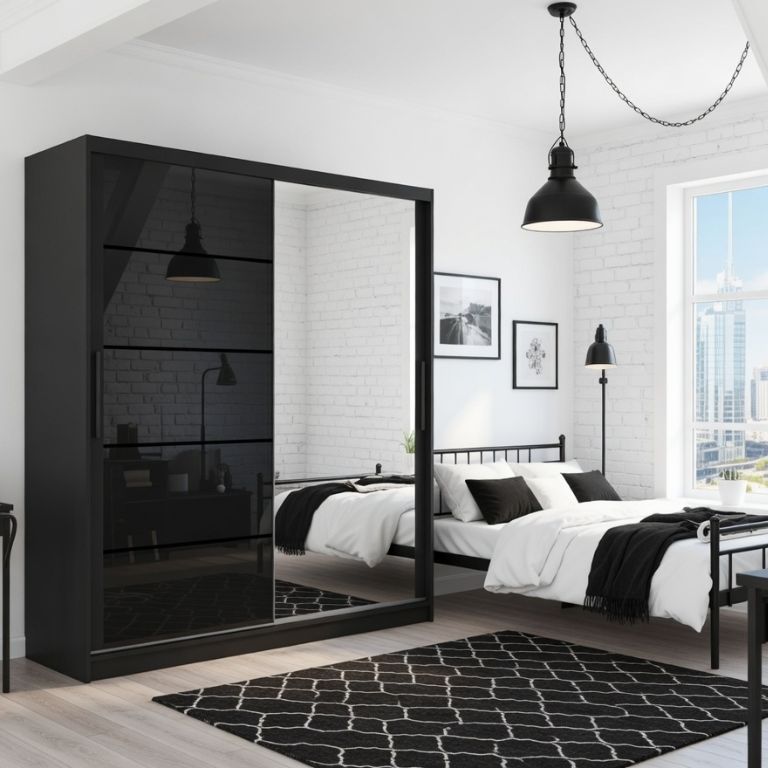 Kleiderschrank 200 cm Belini schwarz matt / schwarz glänzend mit Schiebetüren mit Spiegel und Schubladen Hersteller MGB SZP5/1/B/1L5B/KLP