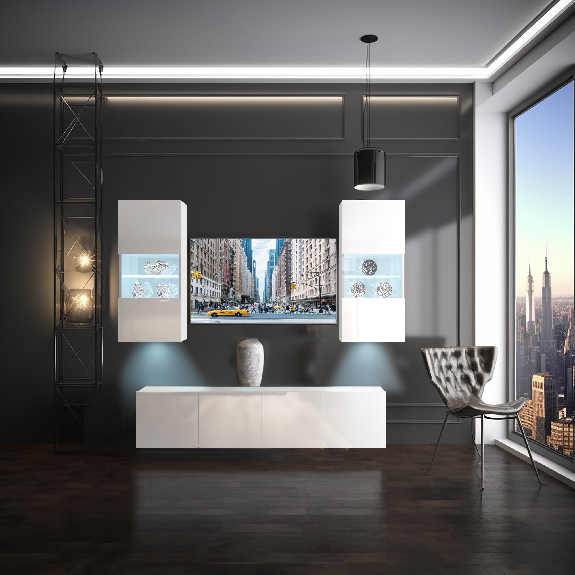 Weiße Wohnwand mit LED, graue Wand und Stadtblick