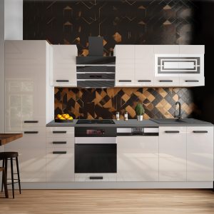 Weiße Hochglanzküche mit 3D-Kupfer-Schwarz-Rückwand