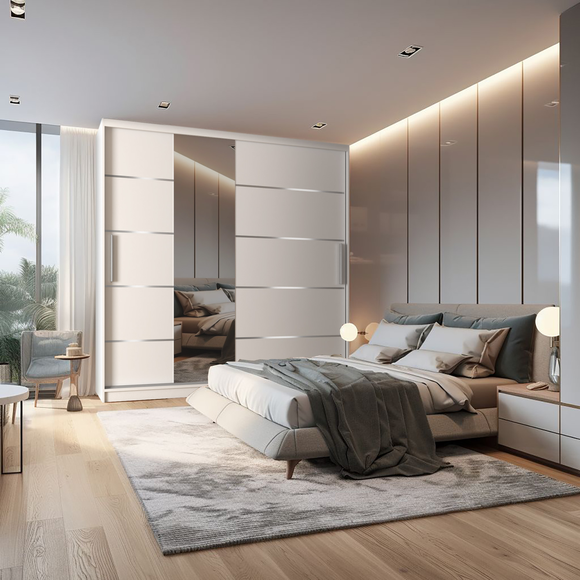 Helles Schlafzimmer mit Schiebetürenschrank und Polsterbett