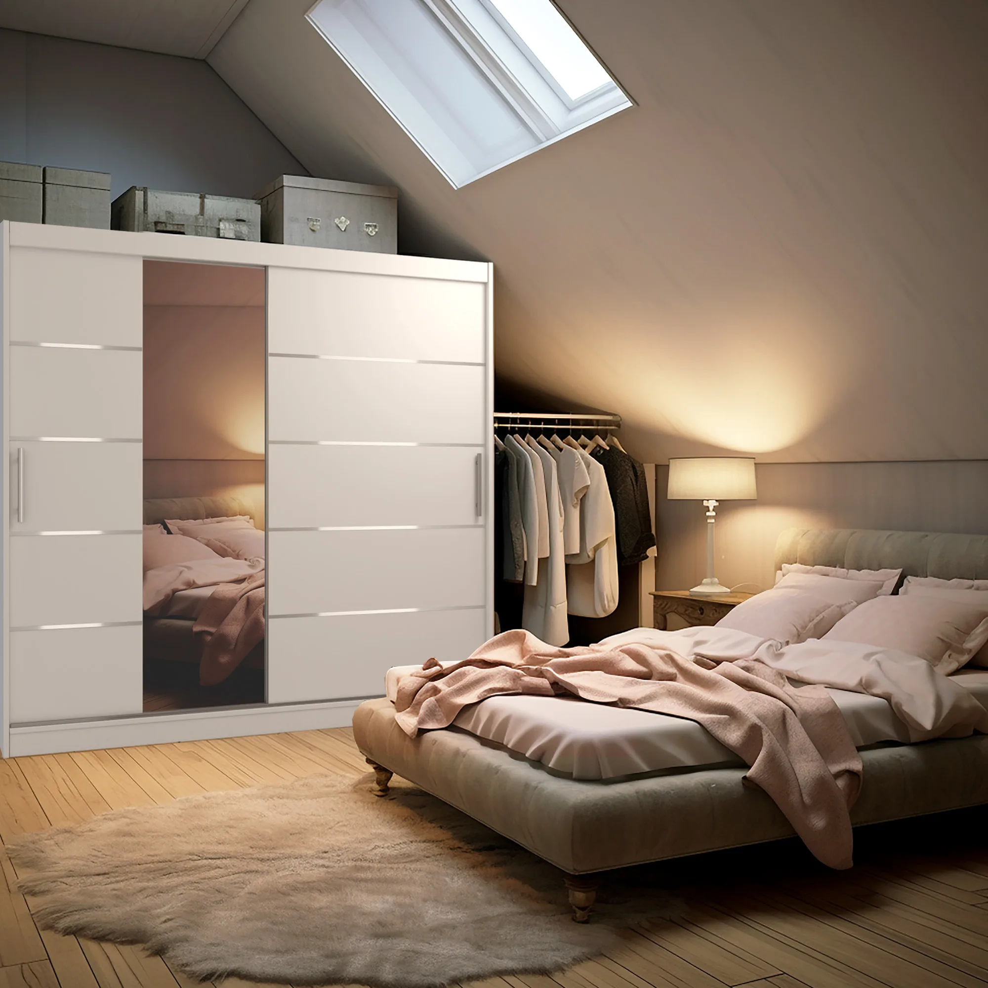 Dachschlafzimmer mit Bett und weißem Schiebetürschrank