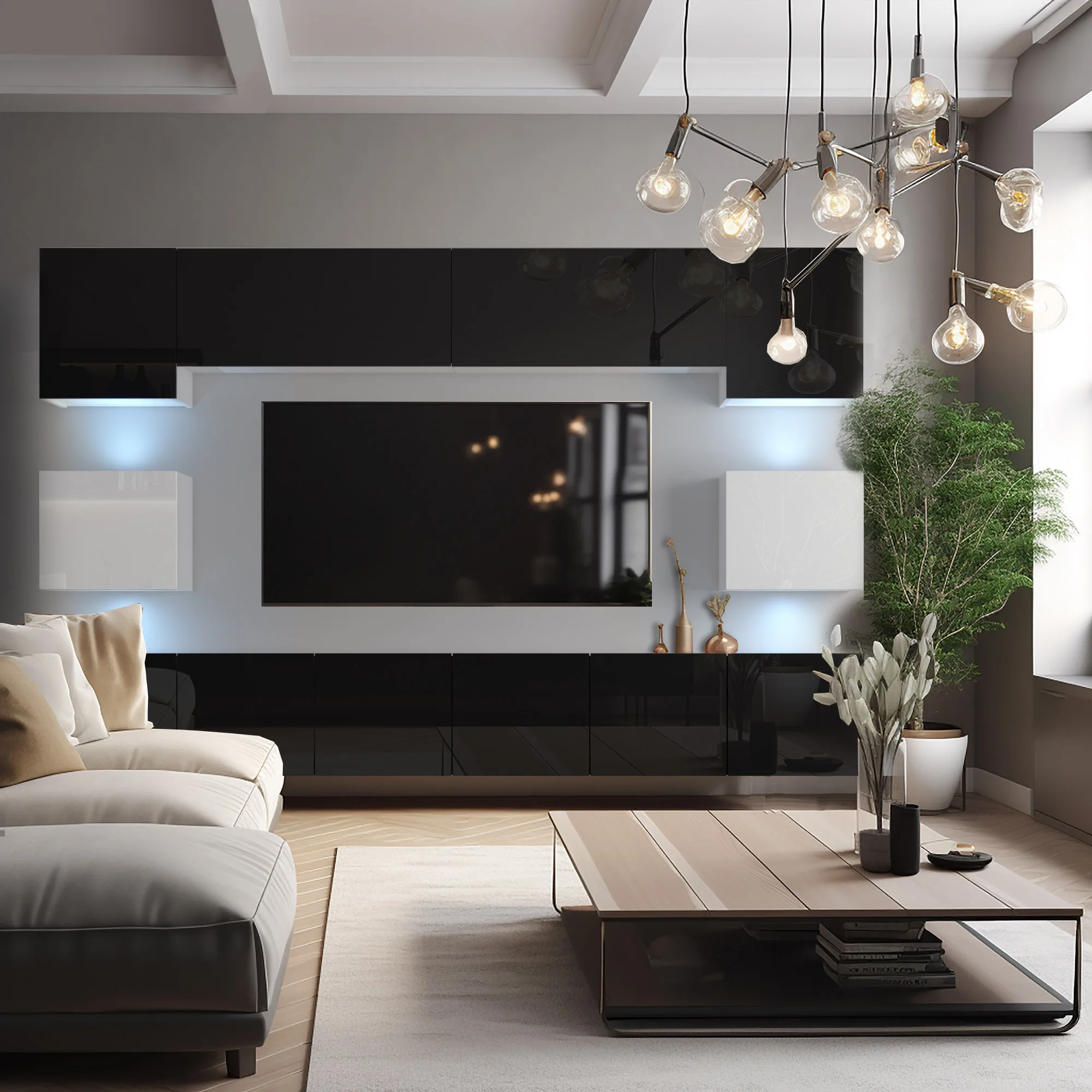Schwarze TV-Wand, Couchtisch aus Holz, Sofa und Hängelampe