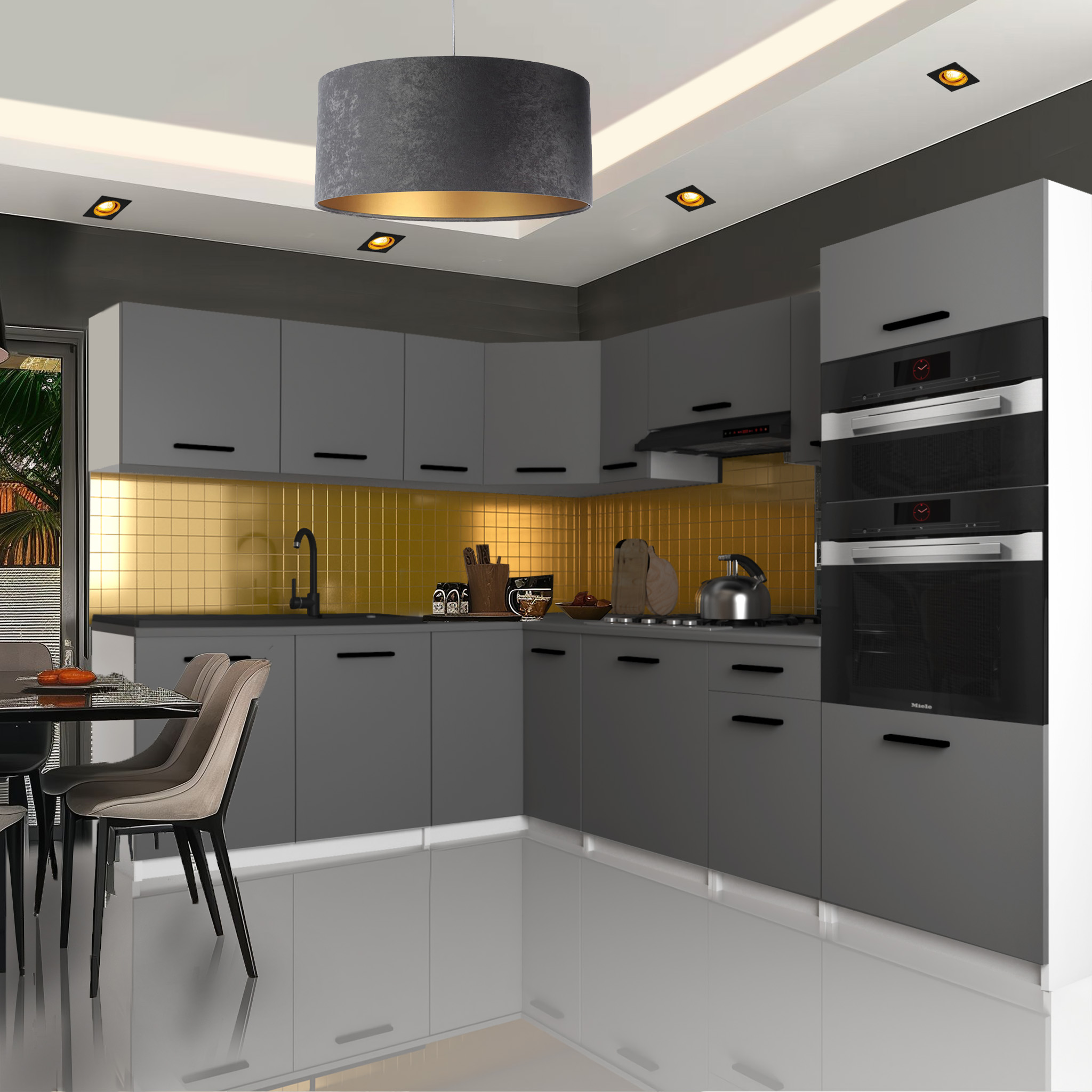 Graue L-Küche mit goldener Wand und Doppel-Backofen