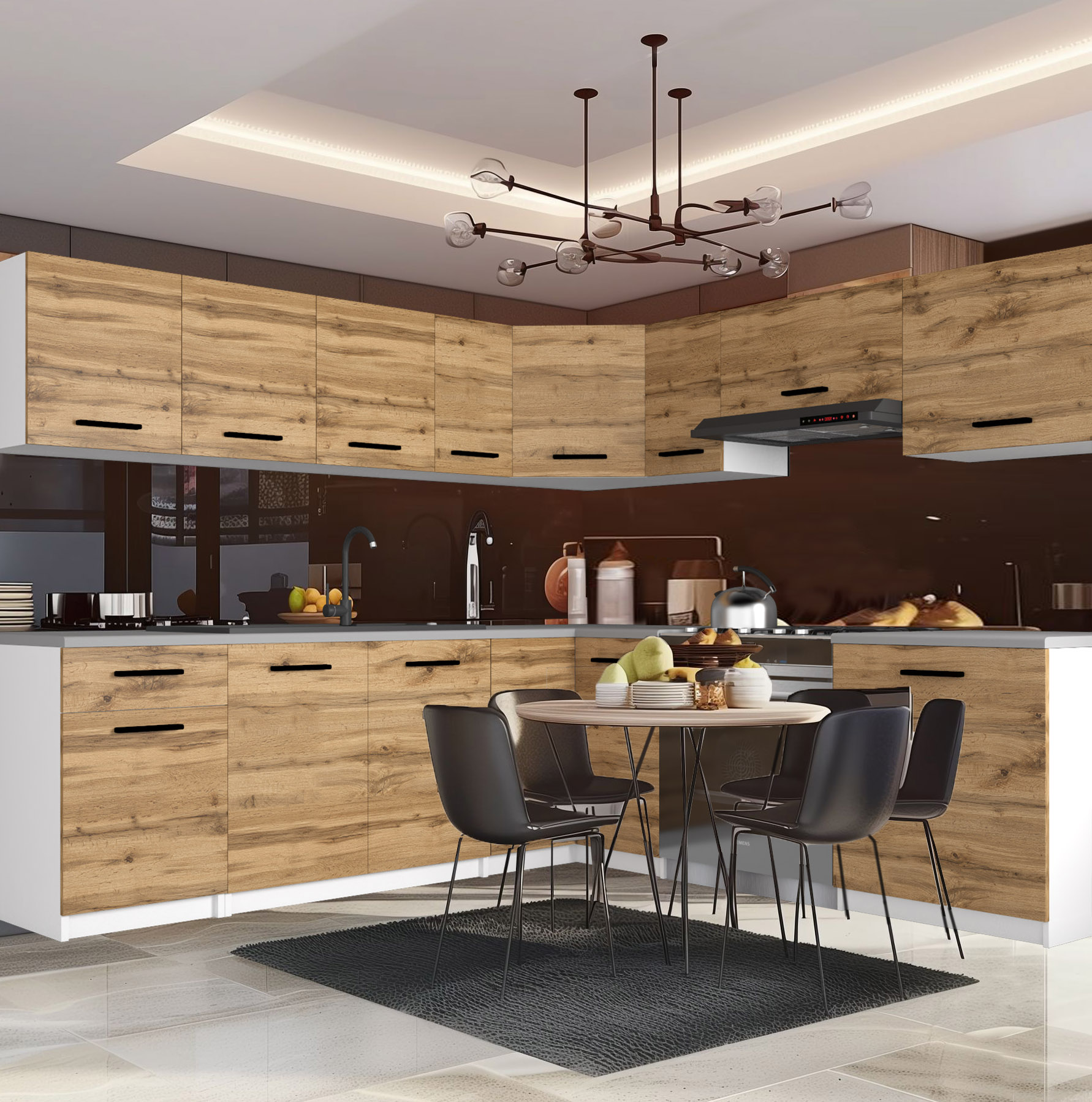Winkelküche in Holzoptik mit rundem Tisch und Glasrückwand