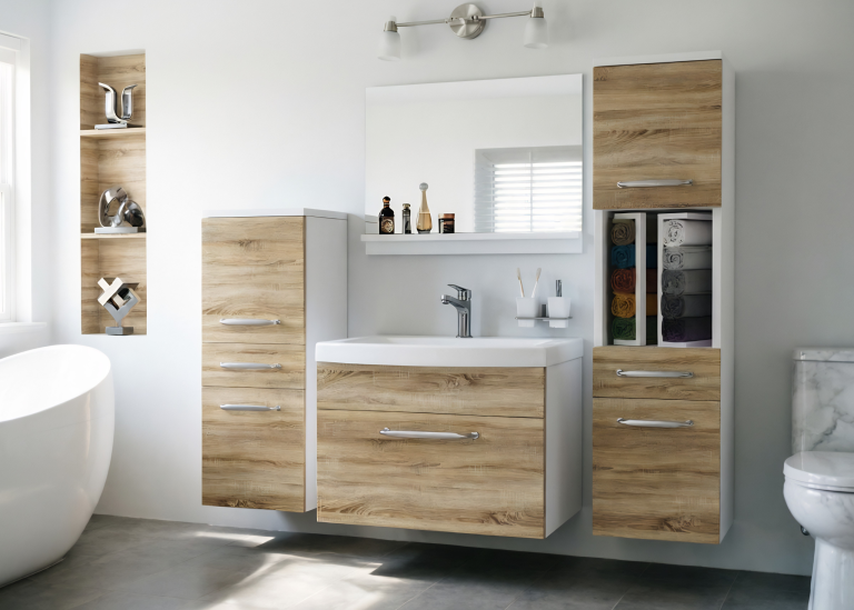 Badezimmermöbel: Waschtischunterschrank mit Spiegel, Eiche Sonoma, Hersteller: ROD PRIMO M 5/0/W/DS/0/ZINC