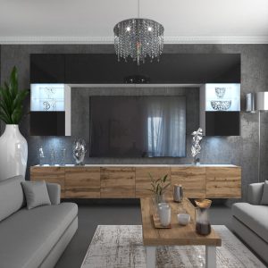 TV-Wand mit Holzlowboard, Hochglanzvitrinen und Licht