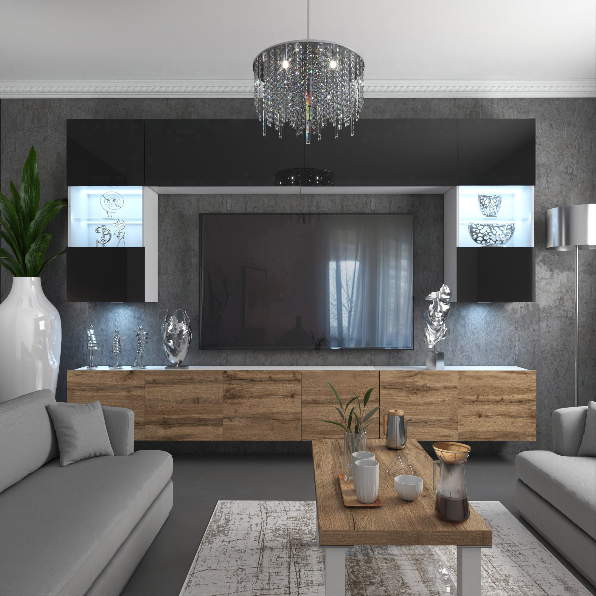 TV-Wand mit Holzlowboard, Hochglanzvitrinen und Licht