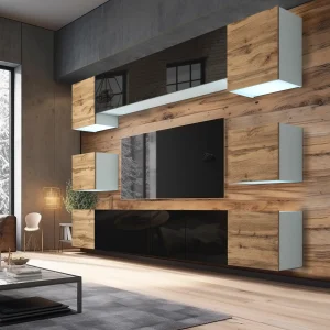 Loft-Wohnzimmer mit Holz-Medienwand und Hängeschränken