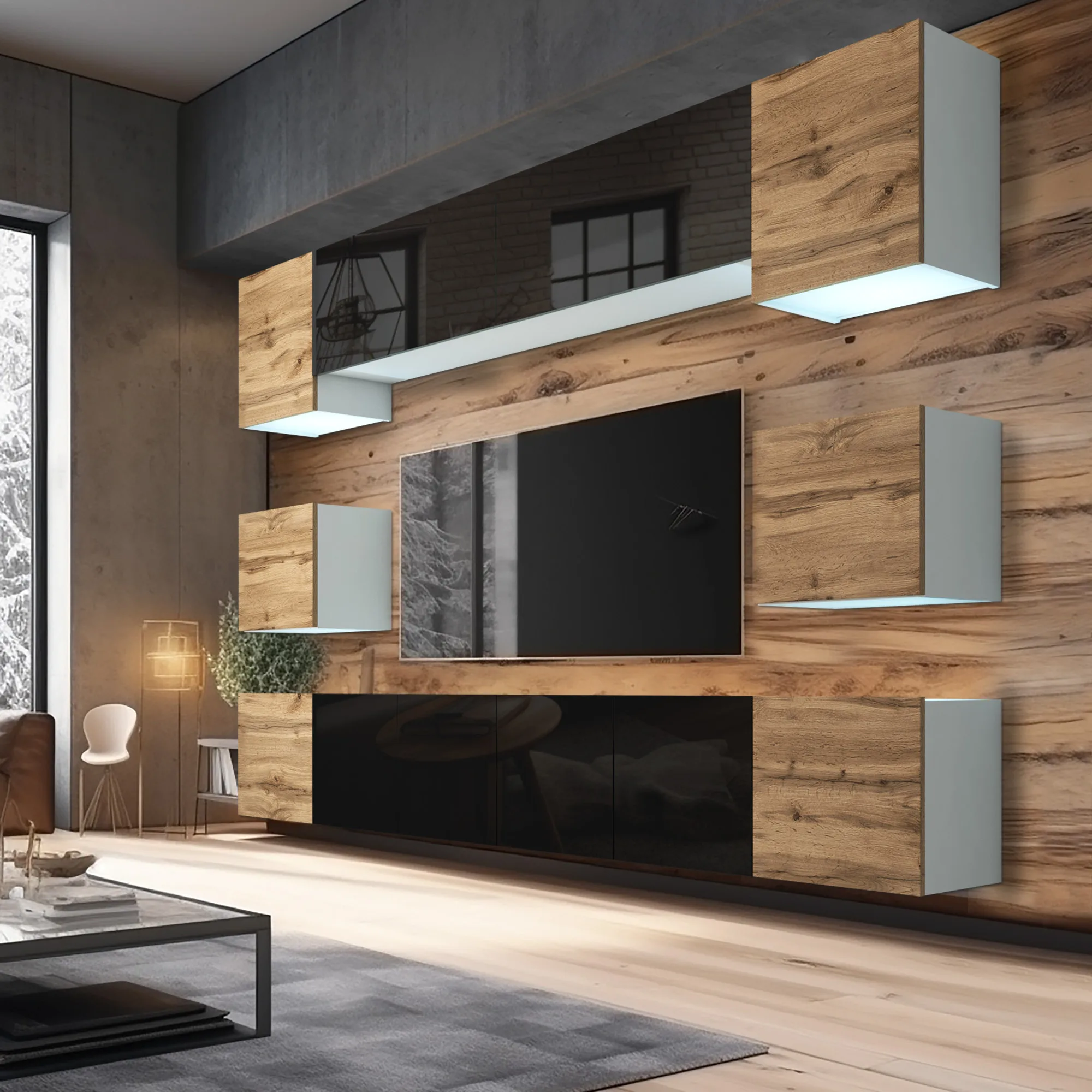 Loft-Wohnzimmer mit Holz-Medienwand und Hängeschränken