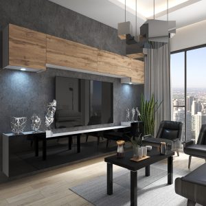 Wohnwand in Schwarzglas und Holz mit TV, Blick über Stadt
