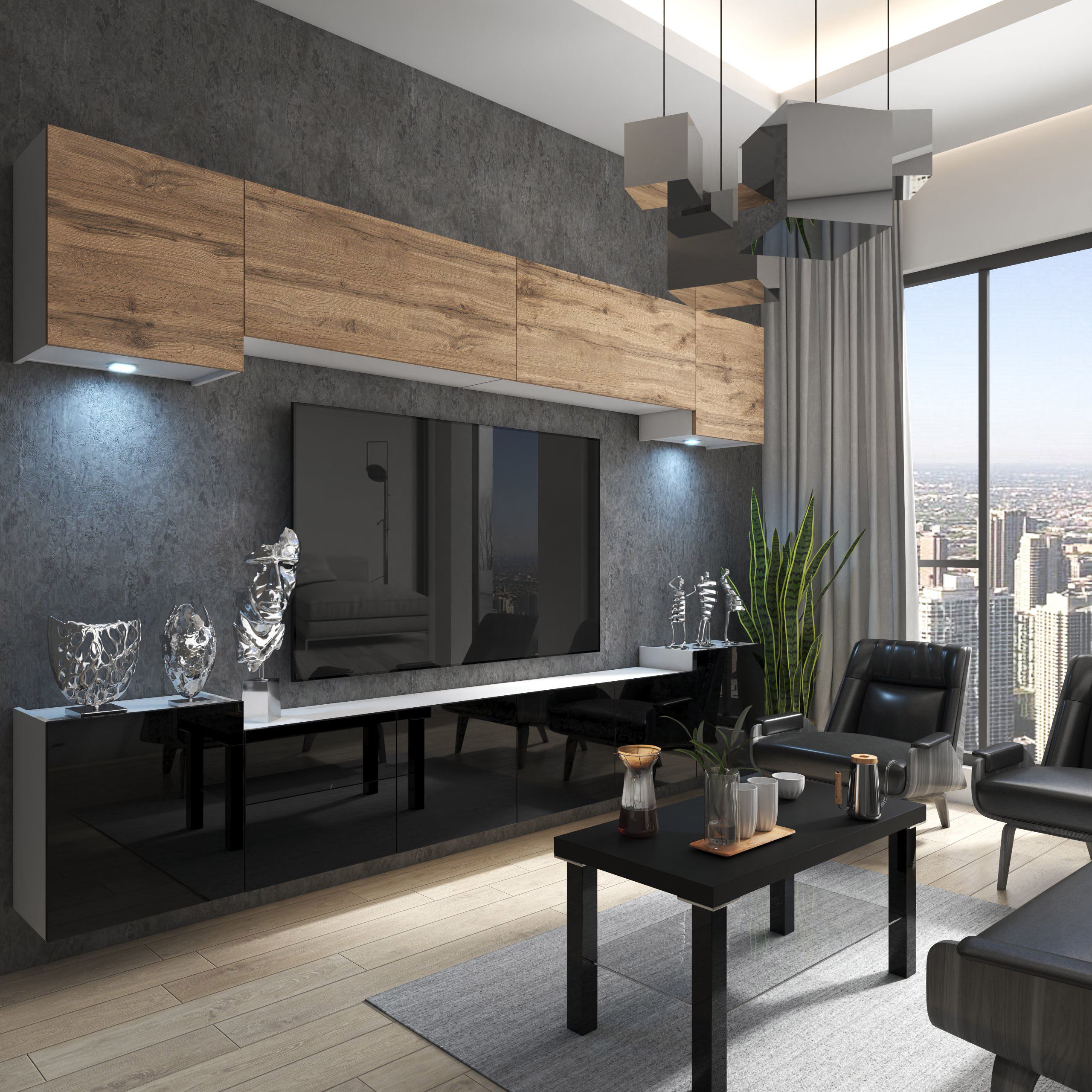 Wohnwand in Schwarzglas und Holz mit TV, Blick über Stadt