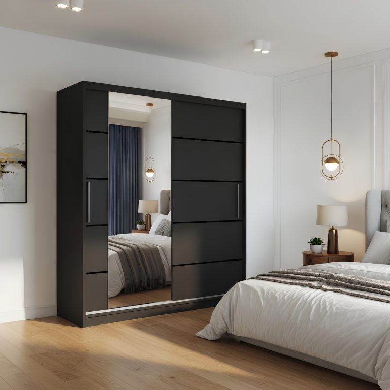 Kleiderschrank 158 cm Belini schwarz matt mit Schiebetüren mit Spiegel und Schubladen Hersteller MBP SZP7/0/B/B/0/KLP
