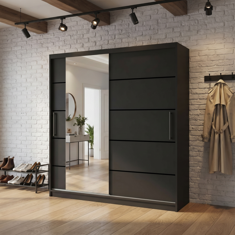 Kleiderschrank 158 cm Belini schwarz matt mit Schiebetüren mit Spiegel und Schubladen Hersteller MBP SZP7/0/B/B/0/KLP