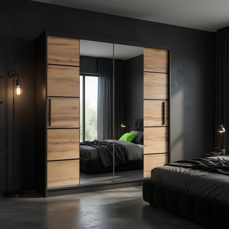 Kleiderschrank 158 cm Belini schwarz matt / Wotan-Eiche mit Schiebetüren mit Spiegel und Schubladen Hersteller ME SZP7/0/B/DW/0/KLP/