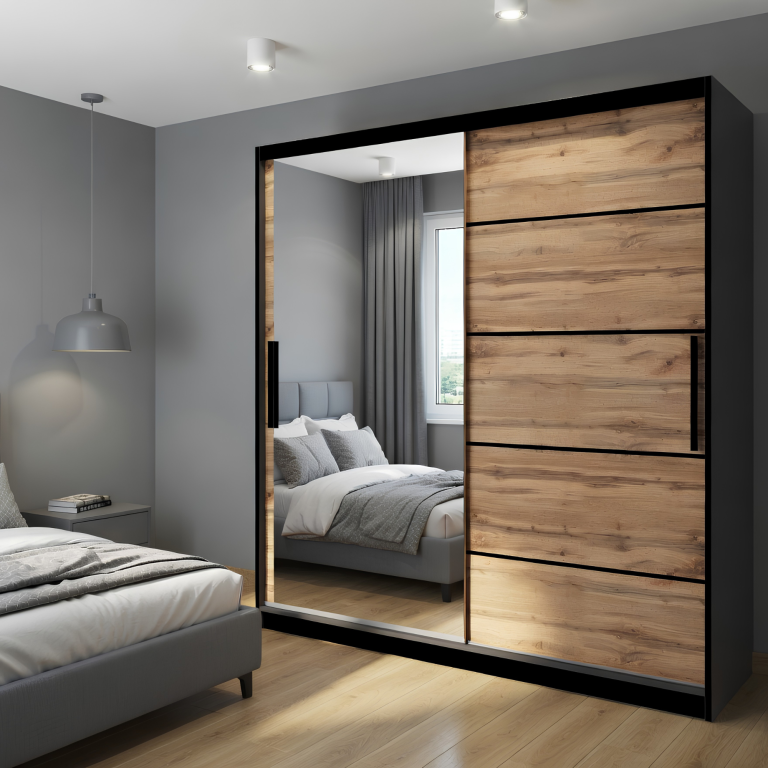 Kleiderschrank mit Schiebetüren 200 cm mit Spiegel Eiche wotan Eiche sonoma Hersteller MZ SZP1/2/B/DW/0/BL