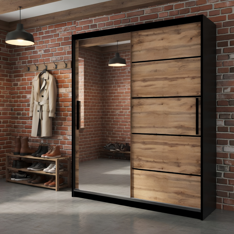 Kleiderschrank 133 cm Belini schwarz matt / Eiche wotan mit Schiebetüren und Spiegel Hersteller MZ SZP2/2/B/DW/0/BL