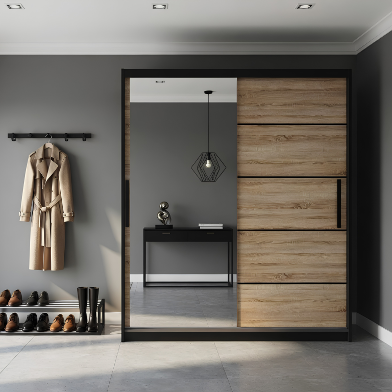 Kleiderschrank 158 cm Belini schwarz matt / Eiche sonoma mit Schiebetüren und Spiegel Hersteller MZ SZP3/1/B/DS/0/BL