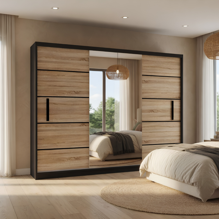 Kleiderschrank mit Schiebetüren 232 cm mit Spiegel Eiche wotan Eiche sonoma Hersteller MZ SZP4/2/1B/2DS1L/0/BL