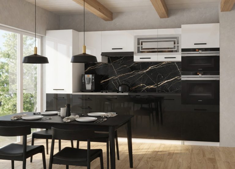 Küchenzeile Belini 300 cm weiß glänzend / schwarz glänzend mit Arbeitsplatte Syntka2 Hersteller INF SYNTKA2/5/WT/WB/0/B1