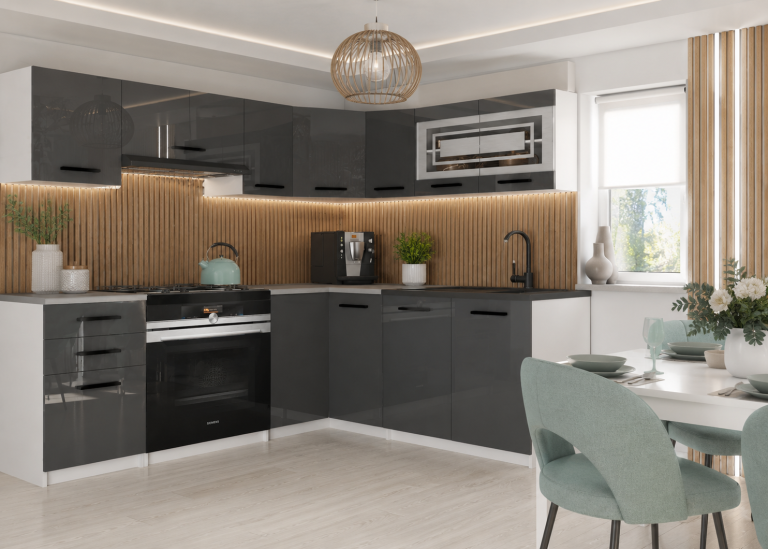 Eckküche Belini 360 cm grau glänzend mit Arbeitsplatte Lidia2 Hersteller INF LIDIA2/6/WT/S/0/B1
