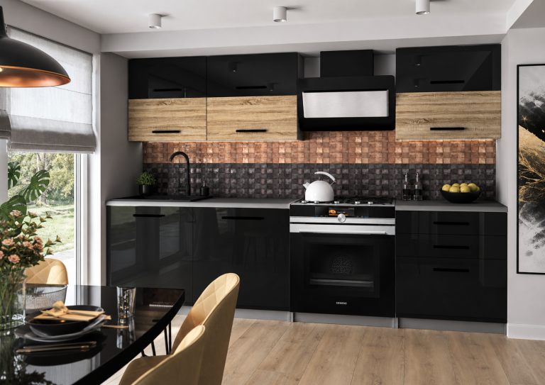 Küchenzeile Belini 180 cm schwarz glänzend / Eiche sonoma mit Arbeitsplatte Primera2 Hersteller INF PRIMERA2/2/WT/BDSB/0/B1