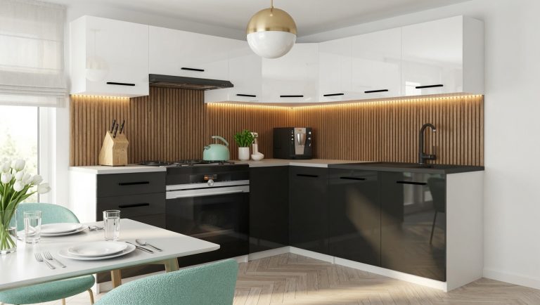 Eckküche Belini 360 cm weiß glänzend / schwarz glänzend mit Arbeitsplatte Lidiauniqa2 Hersteller INF LIDIAUNIQA2/4/WT/WB/0/B1