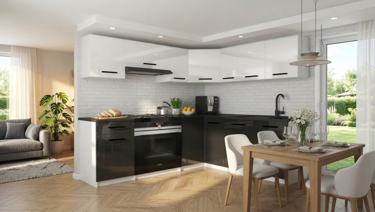 Eckküche Belini 360 cm weiß glänzend / schwarz glänzend mit Arbeitsplatte Lidiauniqa2 Hersteller INF LIDIAUNIQA2/4/WT/WB/0/B1