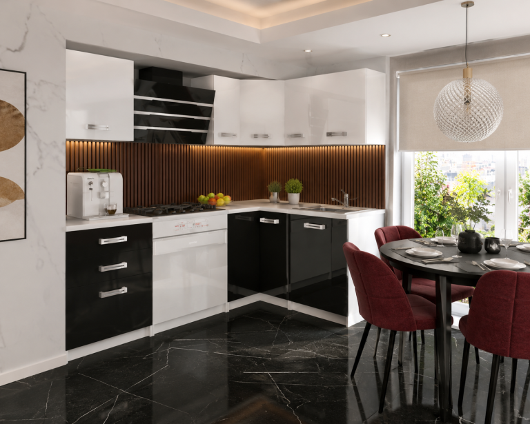 Eckküche Belini 360 cm weiß glänzend / schwarz glänzend mit Arbeitsplatte Jowisz Hersteller INF JOWISZ/2/WT/WB/0/D