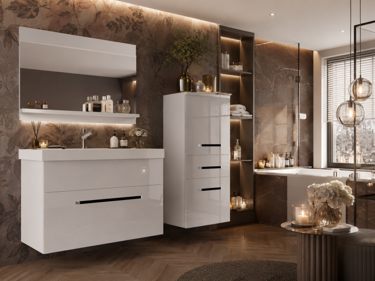 Badezimmermöbel Belini weiß glänzend + Waschbecken + Spiegel Hersteller ROD P 2/0/W/W/0/ZW