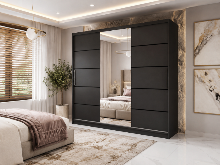 Kleiderschrank 235 cm Belini schwarz matt mit Schiebetüren mit Spiegel und Schubladen Hersteller MBP SZP8/0/1B/2B1L/0/KLP