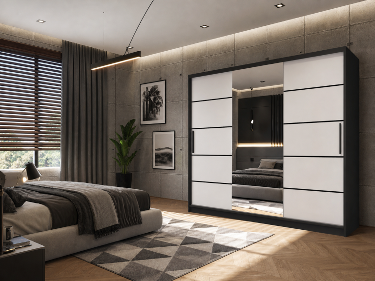 Kleiderschrank 235 cm Belini schwarz matt / weiß matt mit Schiebetüren mit Spiegel und Schubladen Hersteller MBP SZP8/0/1B/2W1L/0/KLP