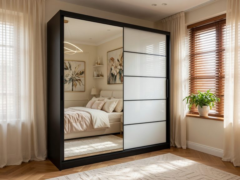 Kleiderschrank 200 cm Belini schwarz matt / weiß glänzend mit Schiebetüren mit Spiegel und Schubladen Hersteller MGB SZP5/1/B/1L5W/KLP