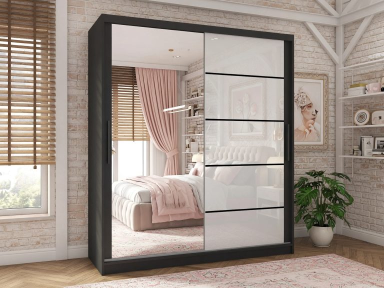 Kleiderschrank 200 cm Belini schwarz matt / weiß glänzend mit Schiebetüren mit Spiegel und Schubladen Hersteller MGB SZP5/1/B/1L5W/KLP