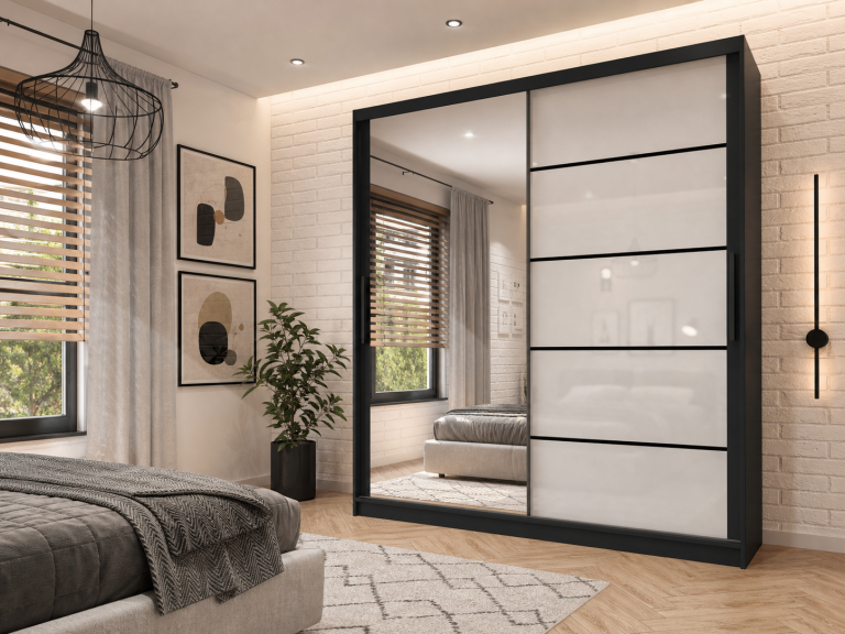 Kleiderschrank 200 cm Belini schwarz matt / weiß glänzend mit Schiebetüren mit Spiegel und Schubladen Hersteller MGB SZP5/1/B/1L5W/KLP