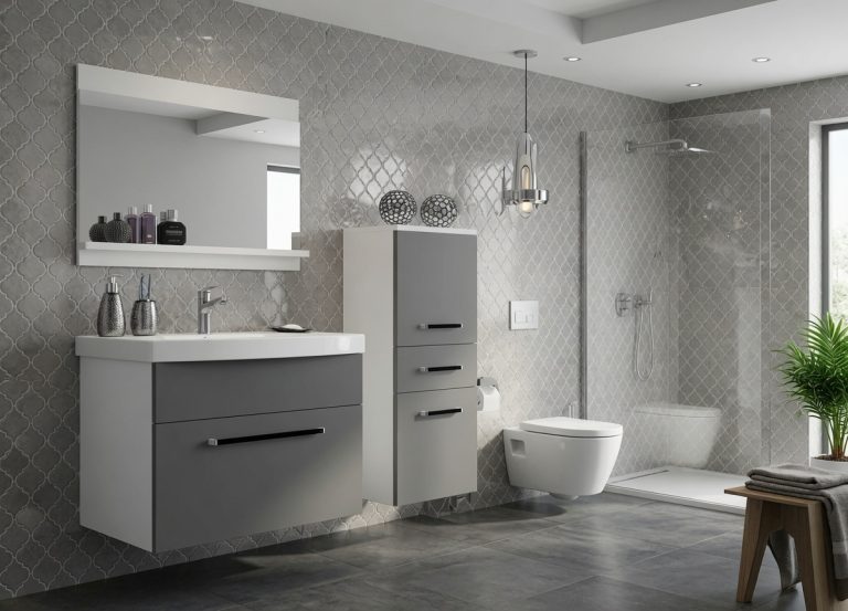 Badezimmermöbel Belini grau matt + Waschbecken + Spiegel Hersteller ROD M 2/0/W/SR/0/ZW