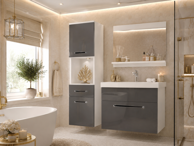Badezimmermöbel Belini grau glänzend + Waschbecken + Spiegel Hersteller ROD P 3/0/W/S/0/ZW