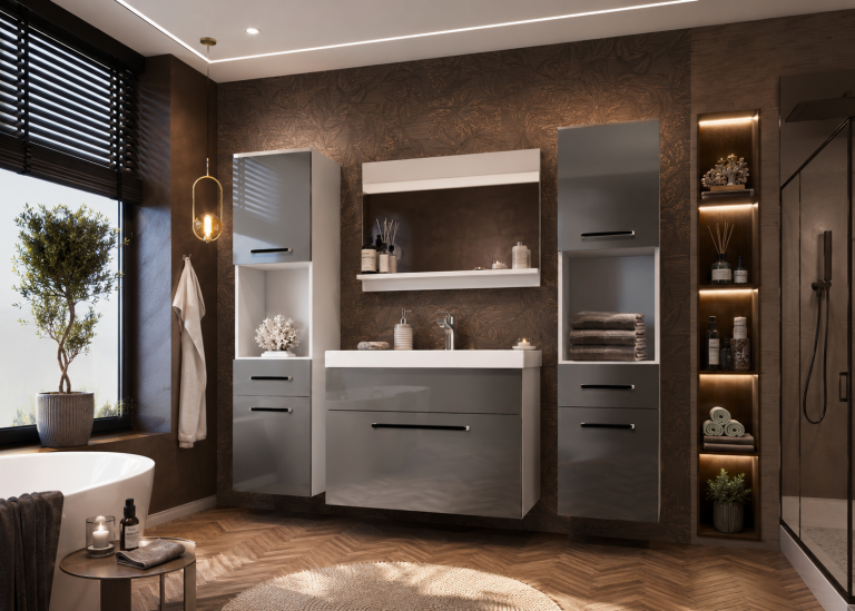 Badezimmermöbel Belini grau glänzend + Waschbecken + Spiegel Hersteller ROD P 6/0/W/S/0/ZW