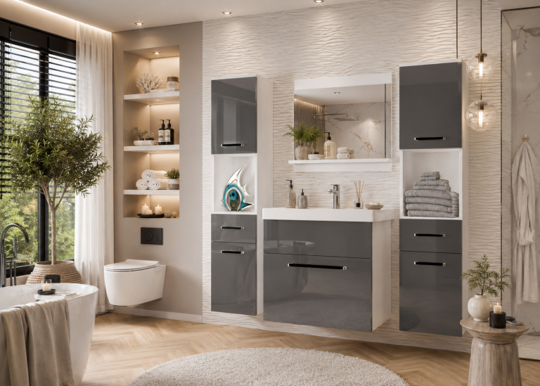 Badezimmermöbel Belini grau glänzend + Waschbecken + Spiegel Hersteller ROD P 6/0/W/S/0/ZW