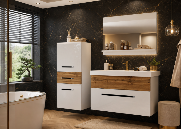Badezimmermöbel Belini weiß glänzend / Wotan-Eiche + Waschbecken + Spiegel Hersteller ROD PM 2/0/W/WDW/0/ZW