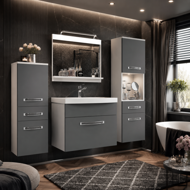 Badezimmermöbel Belini Premium Full Version Mattgrau + Waschbecken + Spiegel + LED-Beleuchtung Glamour 79 Hersteller GLA M 5/0/W/SR/0/MB/PP