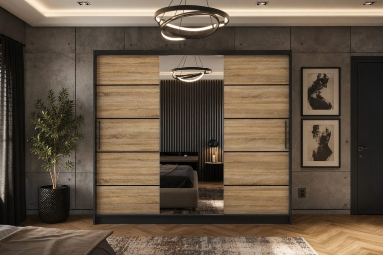 Kleiderschrank 235 cm Belini schwarz matt / Sonoma-Eiche mit Schiebetüren mit Spiegel und Schubladen Hersteller MBP SZP8/0/1B/2DS1L/0/KLP
