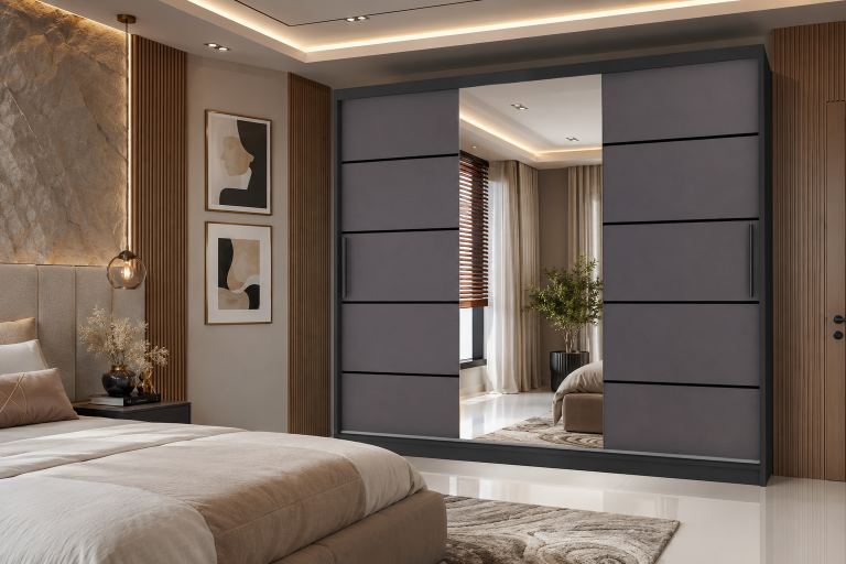 Kleiderschrank 235 cm Belini schwarz matt / grau matt mit Schiebetüren mit Spiegel und Schubladen Hersteller MBP SZP8/0/1B/2SR1L/0/KLP