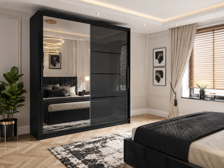 Kleiderschrank 200 cm Belini schwarz matt / grau glänzend mit Schiebetüren mit Spiegel und Schubladen Hersteller MGB SZP5/1/B/1L5S/KLP