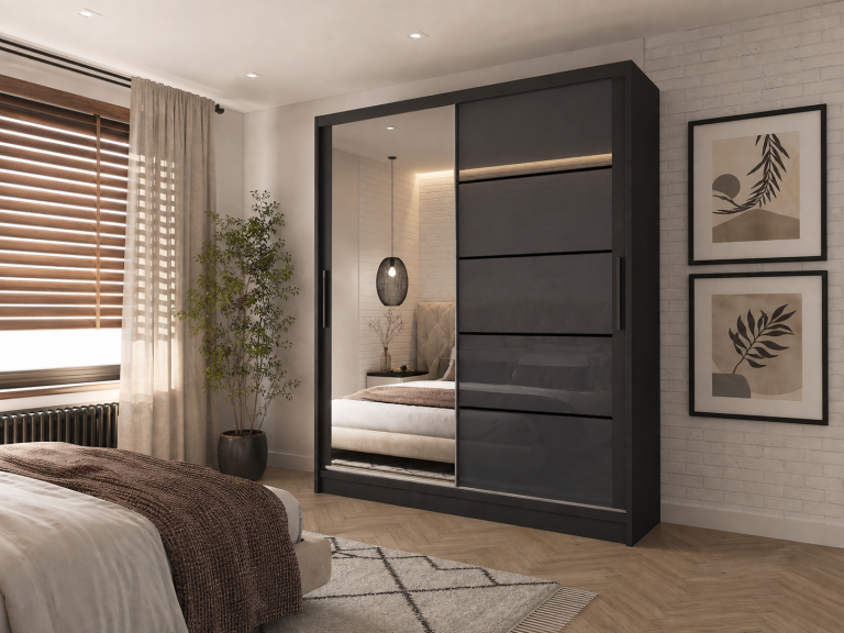 Kleiderschrank 133 cm Belini schwarz matt / grau glänzend mit Schiebetüren mit Spiegel und Schubladen Hersteller MGB SZP6/1/B/1L5S/KLP