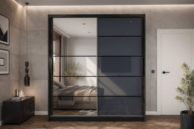 Kleiderschrank 158 cm Belini schwarz matt / grau glänzend mit Schiebetüren mit Spiegel und Schubladen Hersteller MGB SZP7/0/B/1L5S/KLP