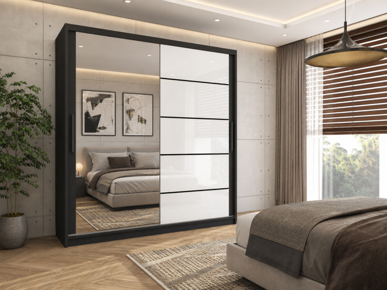 Kleiderschrank 158 cm Belini schwarz matt / weiß glänzend mit Schiebetüren mit Spiegel und Schubladen Hersteller MGB SZP7/0/B/1L5W/KLP