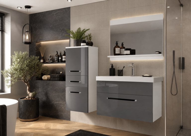 Badezimmermöbel Belini grau glänzend + Waschbecken + Spiegel Hersteller ROD P 2/0/W/S/0/ZW