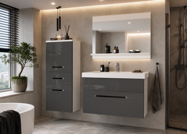 Badezimmermöbel Belini grau glänzend + Waschbecken + Spiegel Hersteller ROD P 2/0/W/S/0/ZW